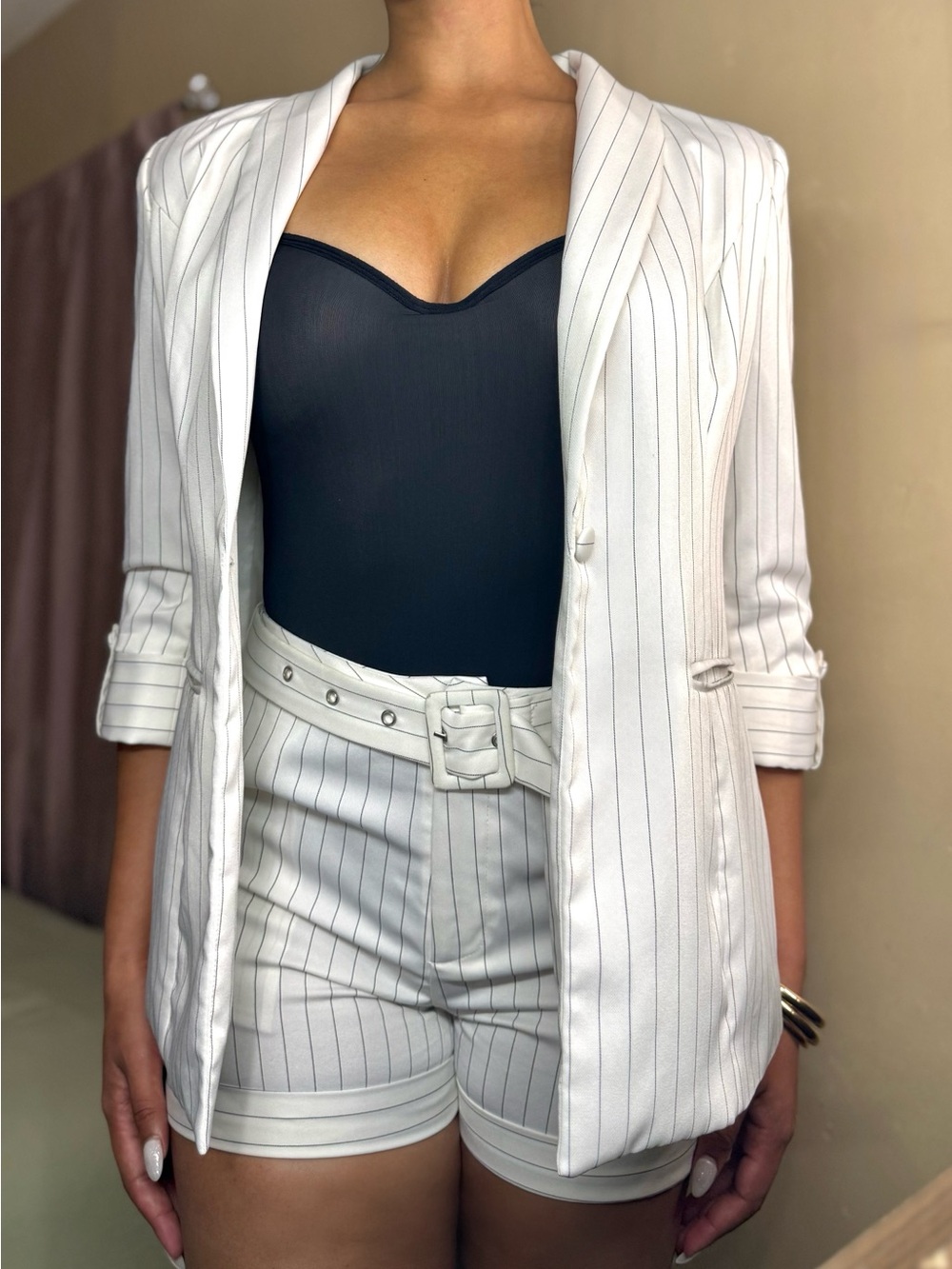 White CEFIAN Pinstripe Blazer & Belted Shorts 2-Piece Set